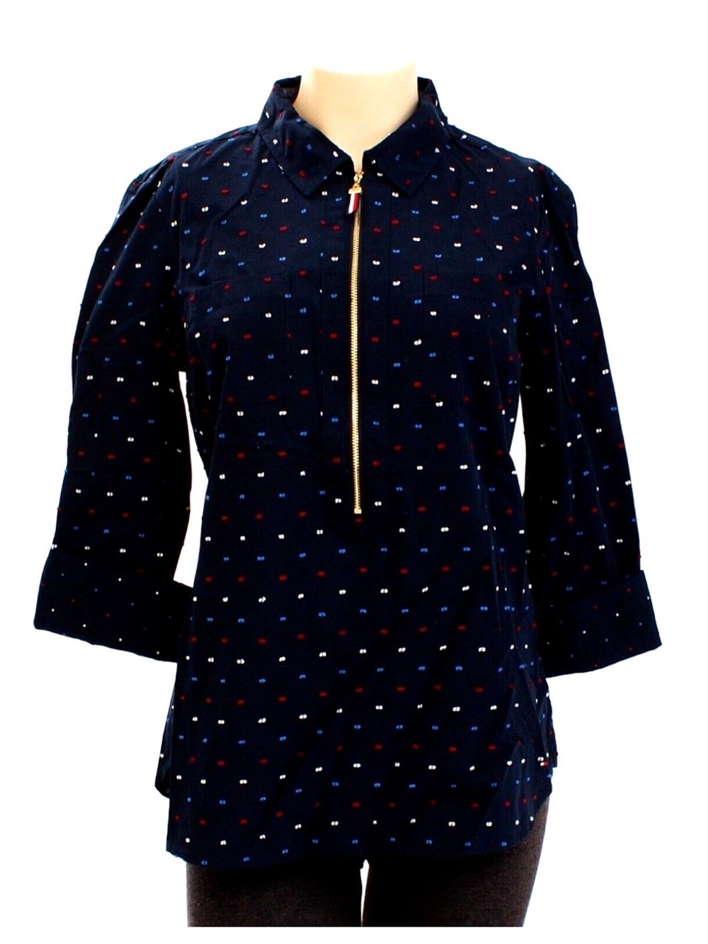 NWOT Tommy Hilfiger Dark Blue 1/2 Zip Roll Up Sleeve Shirt Size S/P